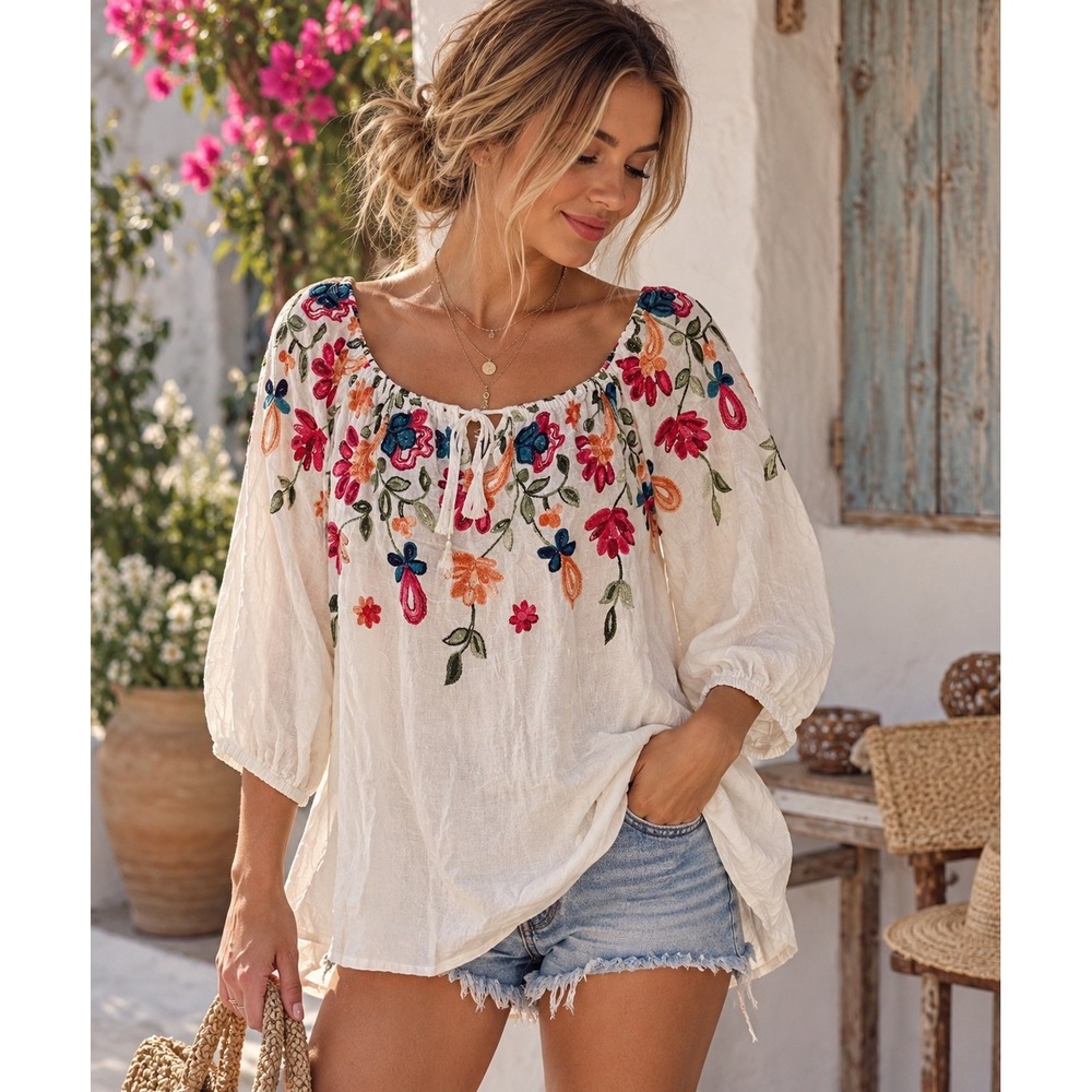 Kindred 1X Embroidered Floral Peasant Blouse Boho Cottagecore Coastal Grandma